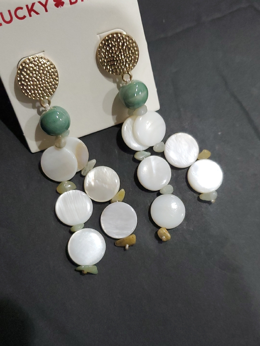 Lucky Brand mother of pearl & jade orb look gold plated disc dangle earrings new